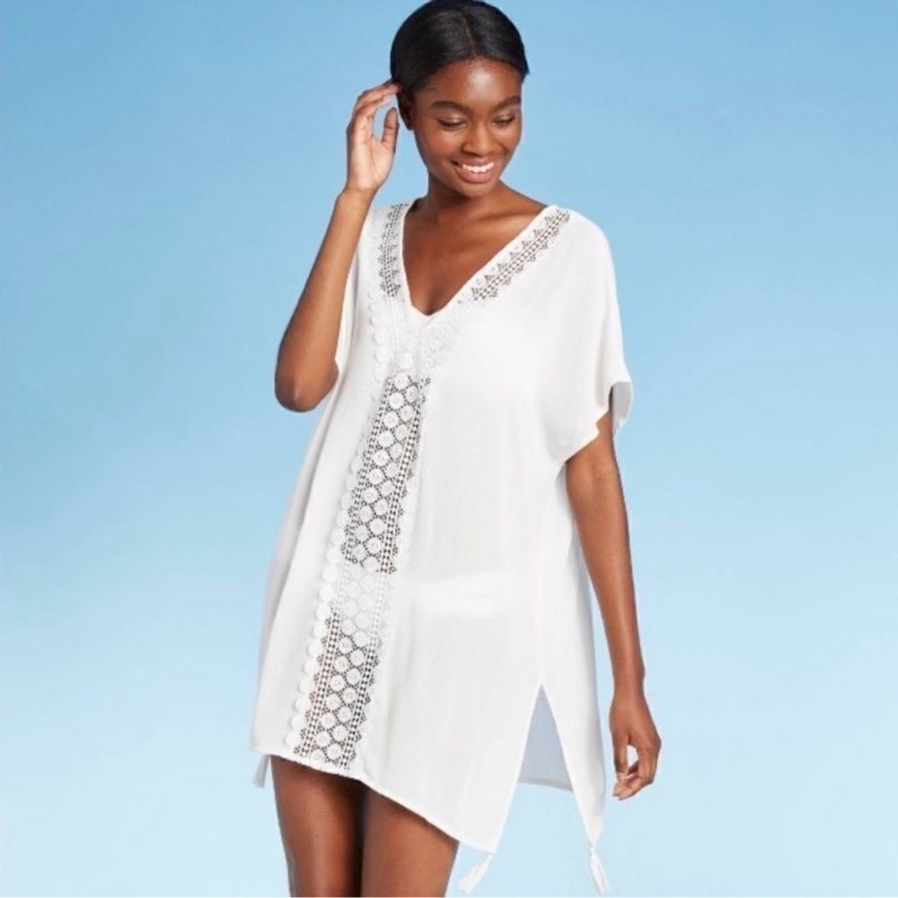 KONA Sol Womens Swim Cover Up Top White  Short Sleeve V Neck sz S